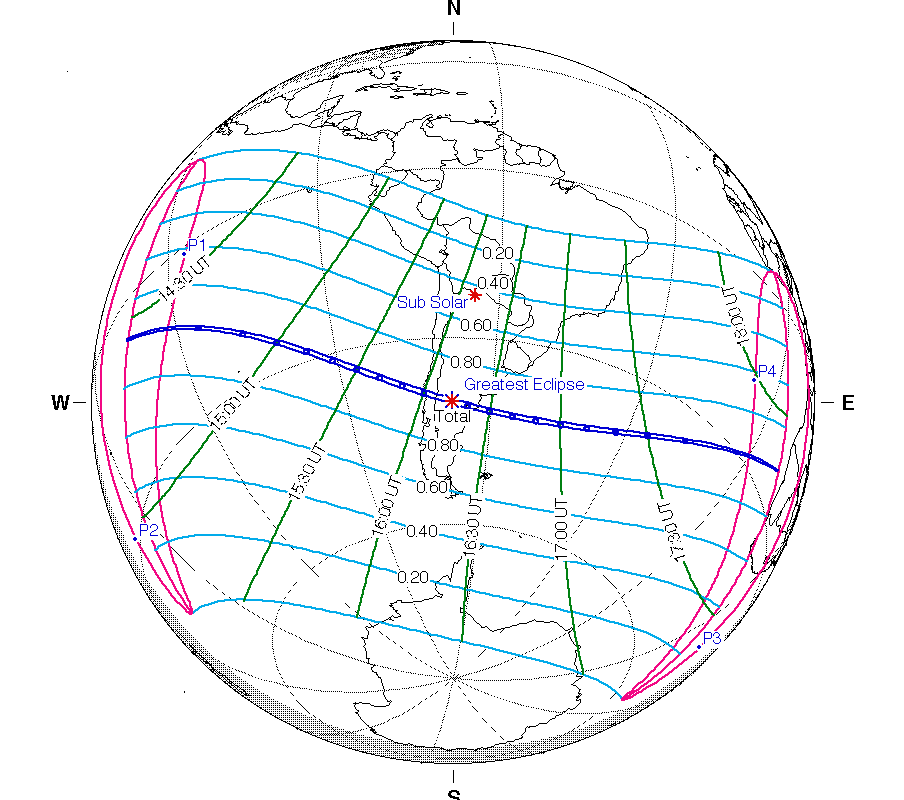 Mapa geográfico mostrando a faixa de totalidade do eclipse solar do próximo dia 14 (adaptado de Fred Espenak, NASA).
